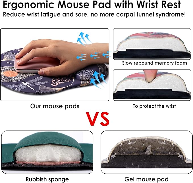 Ergonomic Mouse Pads with Wrist Support,Cute Mouse Pad with Wrist Rest,Comfortable Mouse Pad for Home Office Gaming Working Computers Laptop,Pain Relief with Non-Slip PU Base (Golden Leaf)