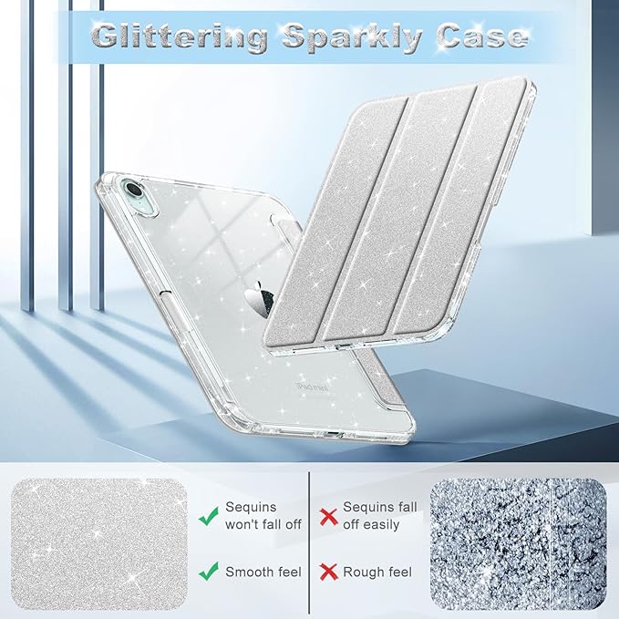 Fintie Slim Case for iPad Mini 7 (A17 Pro, 7th Generation) 2024 / iPad Mini 6 (6th Gen) 8.3 Inch - [Built-in Pencil Holder] Glittering Sparkly Shockproof Cover w/Shiny Clear Back Shell, Silver