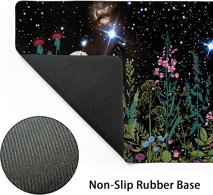 Black Aesthetic Wildflower Large Mouse Pad XL Space Galaxy Weeds Herb Cute Floral Extended Desk Mat Big 80X30 CM Non-Slip Rubber Base Stitched Edge Long Mousepad,31.5×11.8 Inch
