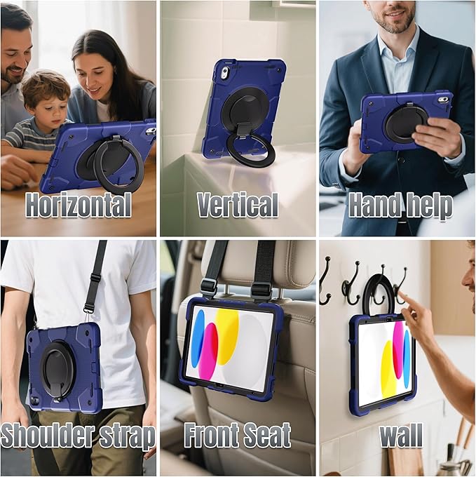 Andnary Case for iPad (A16) 11th /10th Generation 11/10.9 Inch 2025/2022 with Screen Protector/360° Rotate Stand/Shoulder Strap/Pencil Holder, Shockproof iPad 11th/10th Gen Cover (Navy+Black)