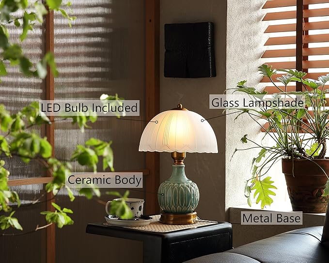 Glivpny Vintage Table Lamp for Living Room,16" Mid Century Modern Ceramic Lamps for Bedroom,Retro Bedside Nightstand Mushroom Glass Lamps, Classic Chinoiserie Green Lamp for Home Decor (LD002)