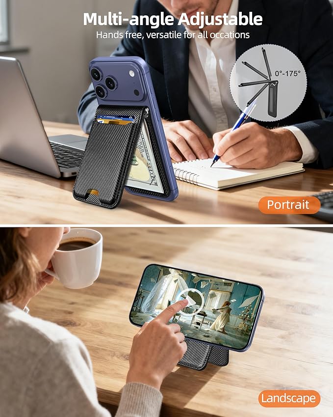 For Magsafe Wallet with Money Clip, Strongest Magnetic Wallet for iPhone 17/16/15/14/13/12 Series, Adjustable Stand, ID Window, 5 Card Holder, Vegan Leather, Not for 13/12 Mini, Black Carbon Fiber