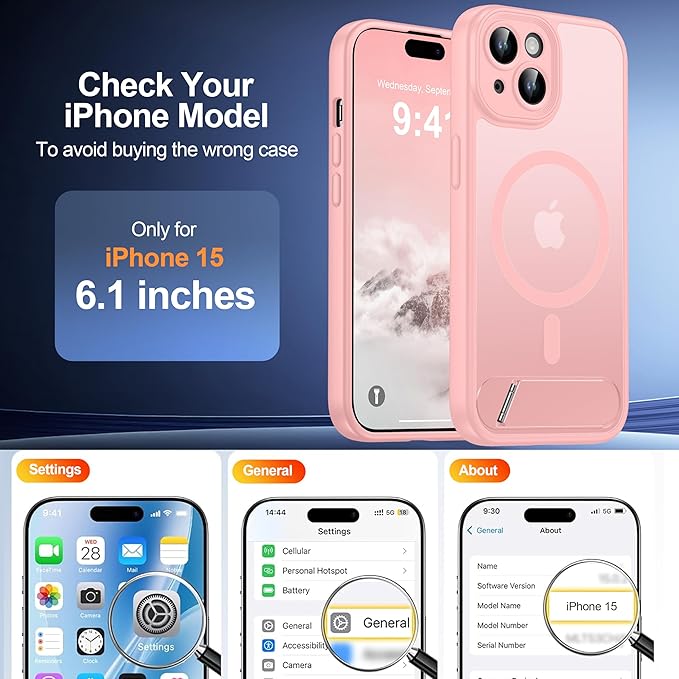 Magnetic Compatible with iPhone 15 Case, [Built-in Invisible Kickstand][Compatible with MagSafe][Full Camera Protection] Translucent Matte Phone Case for iPhone 15 6.1" Pink