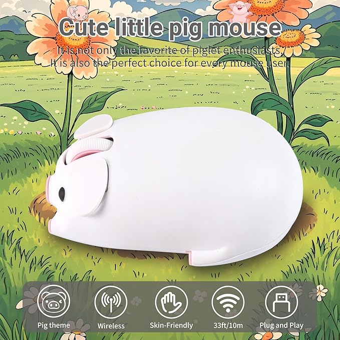 elec Space Cute Pig Design Wireless Mouse Dual Mode Bluetooth & USB Mouse, Silent Operation, Ergonomic, Perfect for Laptops & PCs, Ideal Gift for Animal Lovers and Family (White)
