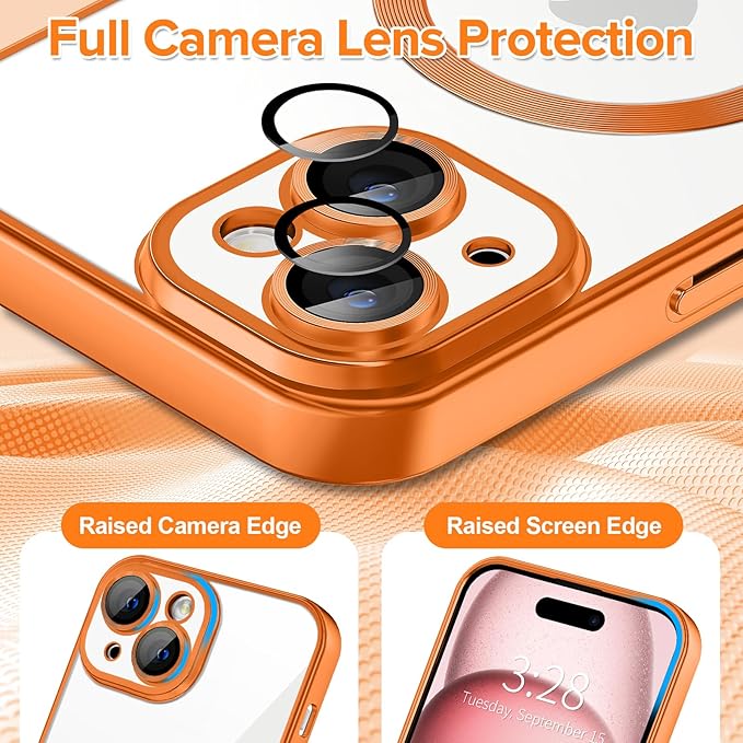 Hython Magnetic Clear for iPhone 15 Plus Case with Camera Lens Protector [Compatible with MagSafe] Luxury Plating Edge Slim Soft TPU Cover Protective Phone Case for iPhone 15 Plus 6.7", Matte Orange