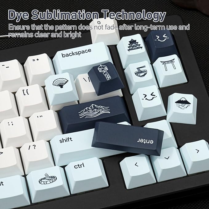 Custom Blue PBT Keycaps 134Keys - Cherry Profile Dye-Sublimation Japanese Style Keycaps Minimalist Cute Keycap Set Cherry MX Switches Mechanical Gaming Keyboard 60% 75% 100%