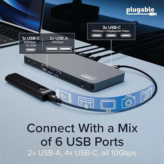 Plugable USB C Docking Station 5 Monitors, 140W DisplayLink Dock Connects up to Five 4K Displays for MacBook Windows Thunderbolt 4 Laptops, 2X HDMI, 3X USBC 2.5Gbps Ethernet, Driver Required DL7400