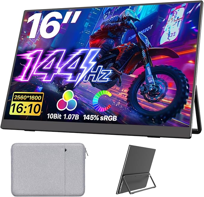 Upperizon Portable Monitor 16 inch 2K QHD 2560X1600 145% sRGB 144 Hz HDR HDMI USB-C Travel Monitor for Laptop MacBook PC Surface PS5 Xbox, External Display with Kickstand & Speakers, VESA Compatible