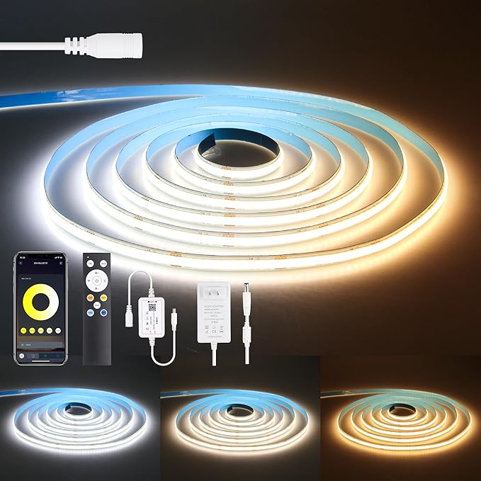 White CCT Tunable COB Led Strip Light with Remote 3000-6500K Dimmable Bluetooth APP Control 24V COB LED Rope Lights 16.4ft/5M 480LED/M Timer Self-Adhesive Light Strip for Bedroom Kitchen DIY Lighting