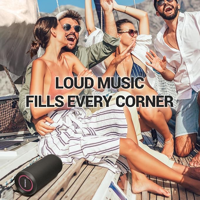 Wireless Waterproof Bluetooth Speaker - Portable Speaker Loud with Built-in Subwoofer and Tweeter, Extra Bass, Stereo Sound, IP67, Colorful Lights for Party, Outdoor, Camping - Black