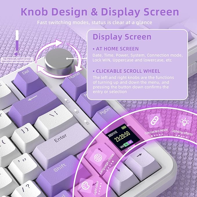 MAGIC-REFINER Attack Shark X85PRO 75% Wireless Mechanical Keyboard,TFT Smart Display&Knob,BT/2.4G/Wired Custom Gaming Keyboard,Gasket,Hot-Swap,RGB,with Pro Cable&5 Color PBT Keycaps,for PC/MAC,Purple