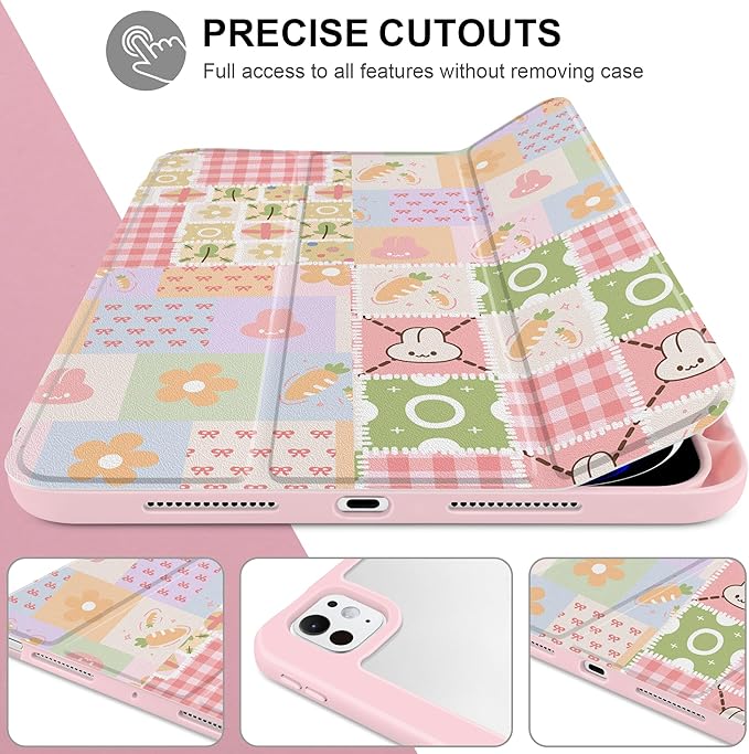 Case for iPad Pro 11 inch (M5) 2025 (M4) 2024 Release Slim Lightweight Cute Light Pink Cover with Clear Back TPU Edge Pencil Holder Trifold Stand, Cute Bunny