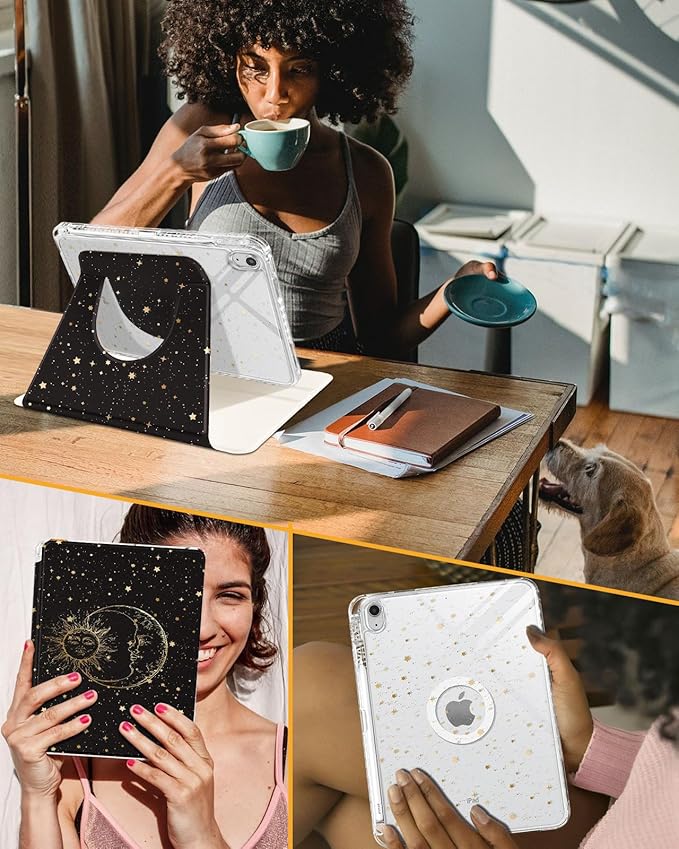 Shorogyt for iPad A16 11th Generation 11 inch 2025 /for i Pad 10th Generation case Magnetic Stand for Women - Cute Design 360 Degree Rotating Covers Girls Kids with Pencil Holder,Star Moon