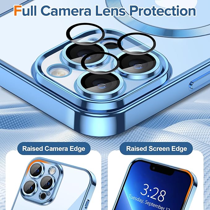 Hython Magnetic Clear for iPhone 13 Pro Max Case with Camera Lens Protector [Compatible with MagSafe] Plating Edge Slim Soft TPU Cover Protective Phone Case for iPhone 13 Pro Max 6.7", Light Blue