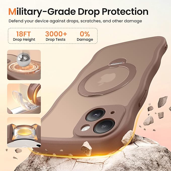 CAPRARO for iPhone 15 Case with 360° Spin Magnetic Stand for Women, [Compatible with MagSafe] [Full Camera Protection] Cute Wave Translucent Matte Case for iPhone 15, Brown