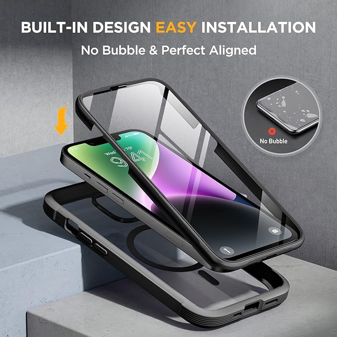 Miracase Magnetic for iPhone 14 Case 6.1",Full-Body Bumper, [Bubble Free] Built-in Tempered Glass Screen Protector+Lens Protector,Compatible with MagSafe,No Gap,Drop Proof Phone Case 14 Cover,Black