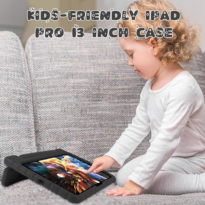 for iPad Pro 13 inch Case 2024, Shockproof Kids iPad 13 Pro Case, Protective Cover for iPad Pro 13 M4 with Pencil Holder, Anti-Slip Handle Stand, Black
