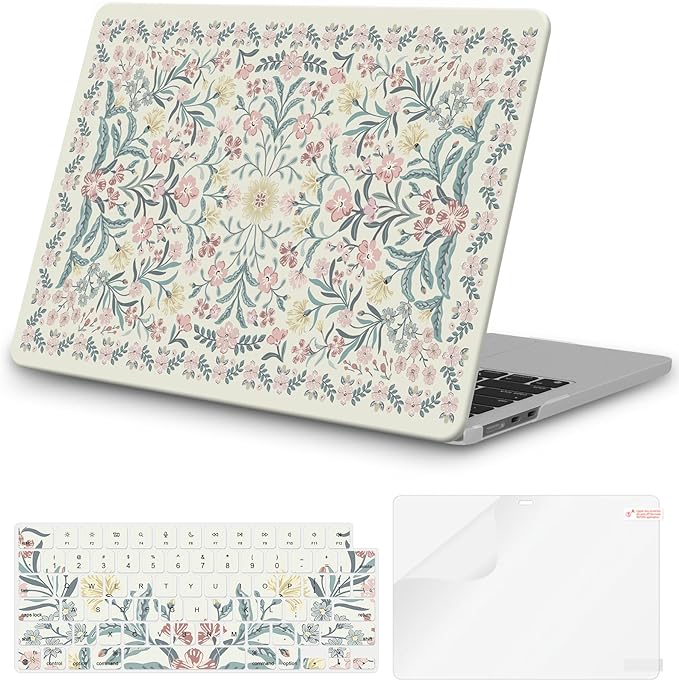 iCasso for M5 MacBook Air 13 inch Case 2026 2025-2022 M4 M3 M2 Model A3449 A3240 A3113 A2681, Sturdy Protective Pattern Hard Shell Case for Mac Air 13.6", Keyboard Cover + Screen Protector, Pink Boho