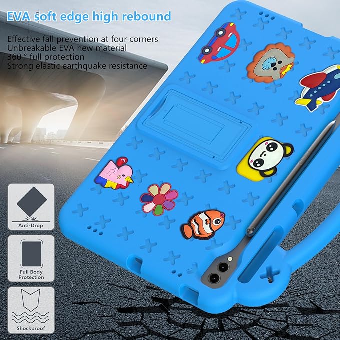 AKABEILA Compatible with Samsung Galaxy Tab S7 FE 12.4(2021)/Tab S7 Plus(2020)/Tab S8 Plus(2022) 12.4/Tab S9 Plus(2023) 12.4 Tablet Case, Stand Handle & Pen Tray for Girl Kid Gift Sky Blue