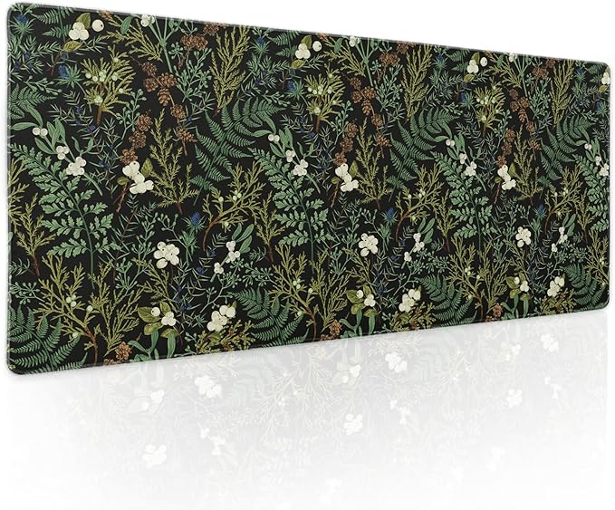Black Aesthetic Vintage Botanical Gaming Mouse Pad XL Cute Forest Green Plant Nature Floral Extended Large Big Mousepad Non-Slip Stitched Edge Long Mat for Desk Office Computer,31.5×11.8 in