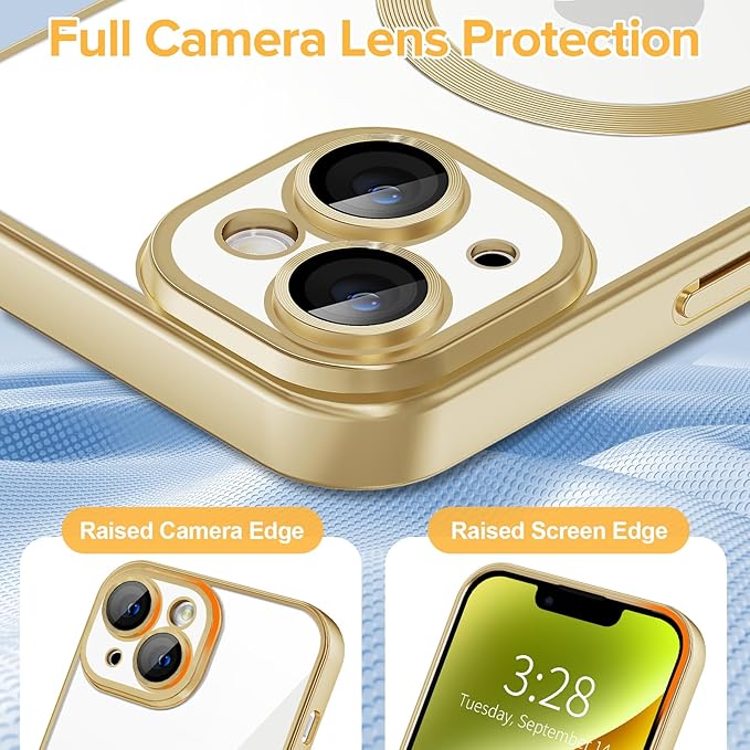 Hython Magnetic Clear for iPhone 14 Plus Case with Camera Lens Protector [Compatible with MagSafe] Luxury Plating Edge Slim Soft TPU Cover Protective Phone Case for iPhone 14 Plus 6.7", Matte Gold
