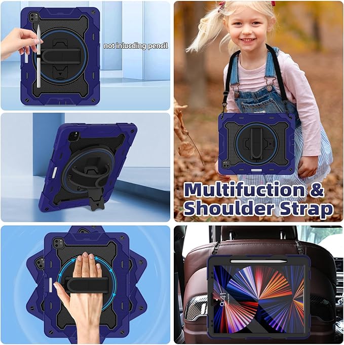 ROISKIN for iPad Pro 12.9 -Inch Case (6th, 5th, 4th & 3rd Gen) with HD Screen Protector, 360 Stand, Hand Strap, Pencil Holder,Shoulder Strap,Rugged Bulky Full Body 12.9 iPad Pro Case