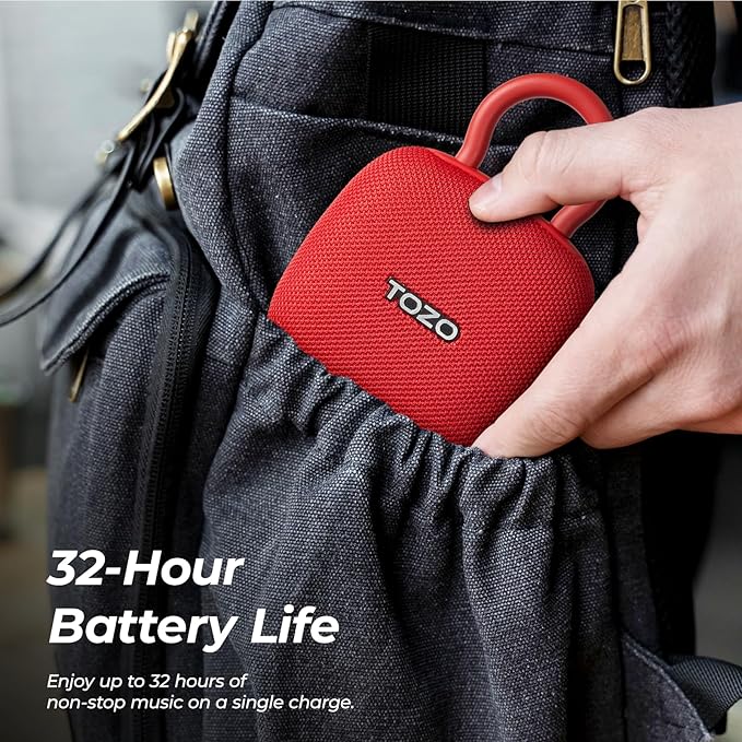 TOZO PE1 Portable Bluetooth Speakers with Adjustable Carabiner, Mini Bluetooth Wireless Shower Speaker with IPX8 Waterproof, 32H Playtime Punchy Bass Audio Speaker for Home, Outdoor and Travel, Red