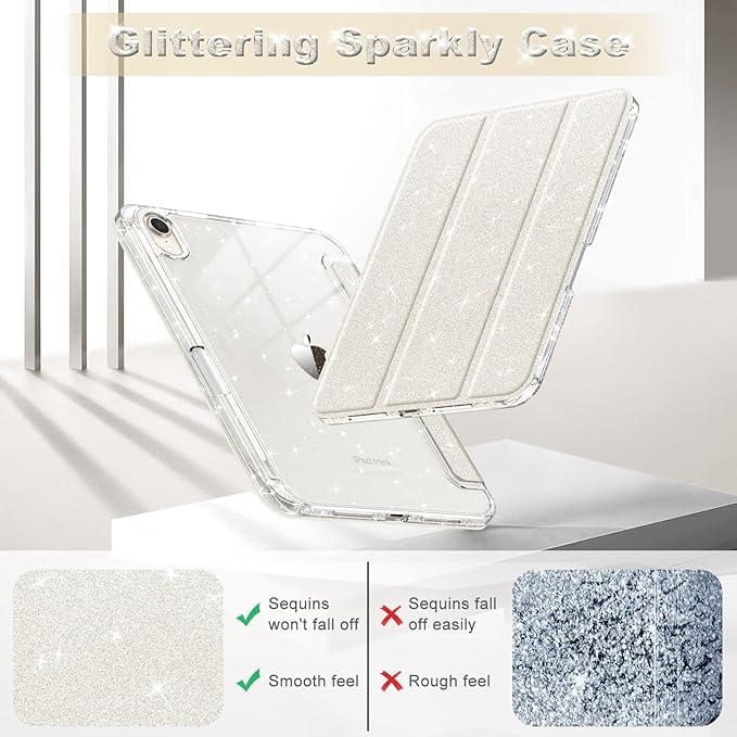 Fintie Slim Case for iPad Mini 7 (A17 Pro, 7th Generation) 2024 / iPad Mini 6 (6th Gen) 8.3 Inch - [Built-in Pencil Holder] Glittering Sparkly Shockproof Cover w/Shiny Clear Back Shell, Starlight