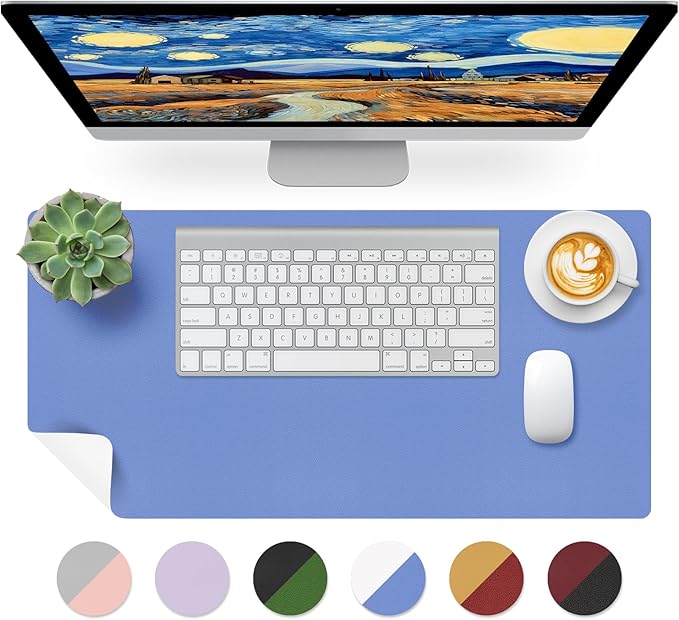 Bloss Blue Leather Desk Mat Protector,Leather Mouse Pad,Laptop Protector Desks Mat,Office Desks Mats,Keyboard Desks Mats,Computer Mat,Dual-Side Waterproof Desk Writing Pad for Office/Home.23.6"x 13.8"