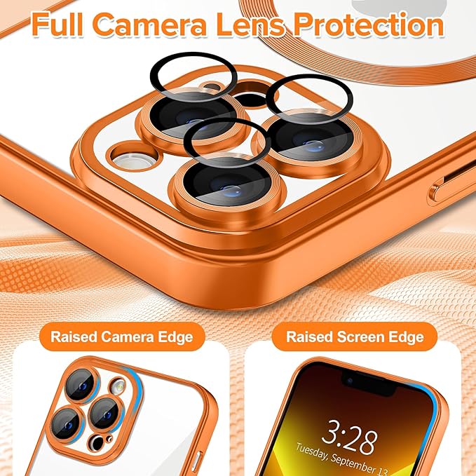 Hython Magnetic Clear for iPhone 13 Pro Max Case with Camera Lens Protector [Compatible with MagSafe] Plating Edge Slim Soft TPU Cover Protective Phone Case for iPhone 13 Pro Max 6.7", Matte Orange