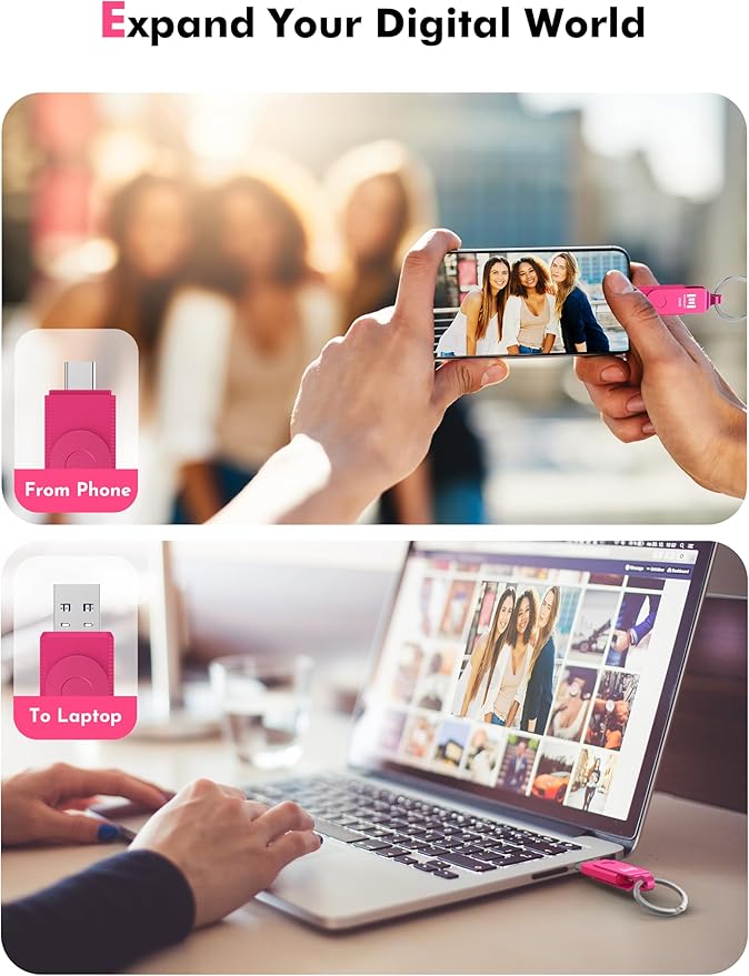 MOSDART 256GB USB 3.2 Fast Speed C and A Dual Flash Drive, exFAT Memory Stick with Keychain and LED Indicator, for iPhone 15,16,17, Android Phone, iPad, MacBook, and Other Laptops, Hot Pink
