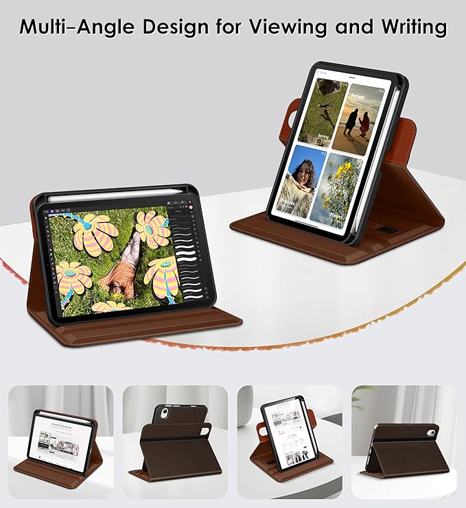 DTTO for iPad mini 7 (A17 Pro) Case, iPad mini 7th / 6th Generation Case (2024/2021), 360 Degree Rotating Premium Leather Folio Stand Cover with Pencil Holder, Dark Brown