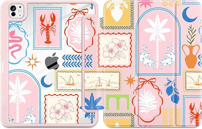 Case for iPad Pro 11 inch (M5) 2025 (M4) 2024 Release Slim Lightweight Cute Light Pink Cover with Clear Back TPU Edge Pencil Holder Trifold Stand, Creative Collage