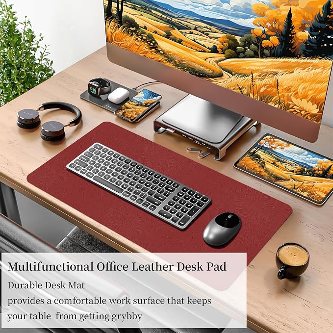 Bloss Red Leather Desk Mat Protector,Large Mouse Pad,Dual-Side Use Mouse Pads,Office Desks Mats,Laptop Protector Desks Mat,Waterproof Dual-Side Desk Keyboard/Writing Pad for Office/Home.23.6"x 13.8"