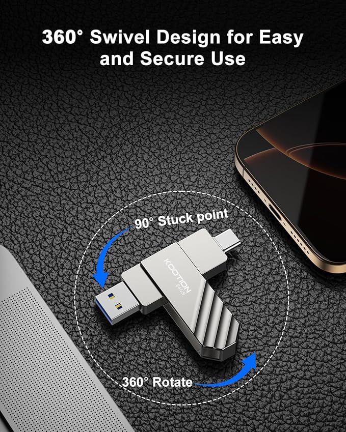 KOOTION USB 3.2 Flash Drive 64GB, Up to 450 MB/S Read Speed USB C Memory Stick, Dual USB C Thumb Drive with USB Type-C and USB A, Swivel Metal Pen Drive for Smartphones/Tablet/Laptop/Mac/Car/TV