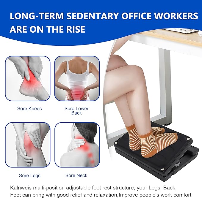 Under Desk Footrest - Detachable Memory Foam Cushion & Massage Roller, Tool-Free Height & Angle Adjustable Foot Stool, Ergonomic Leg Rest for Office, Home & Gaming Comfort, (Black Plus)