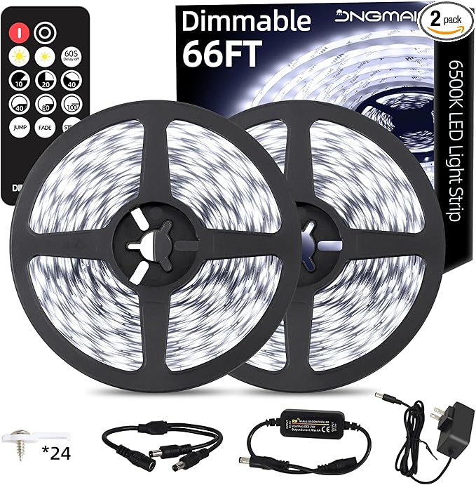 66ft LED Strip Lights with Remote, 6500K Daylight White Dimmable Tape Lights, 12V 1200 LEDs 2835 Strong Adhesive Rope Lights for Cabinet Kitchen Ceiling Closet Vanity Mirror Stairway Basement