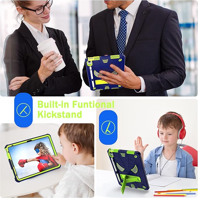 Dteck for iPad Air (3rd Generation) 2019/iPad Pro (2017 Release) Hard Case 10.5" with Kickstand, Shoulder Strap/Screen Protector Film/Stylus Included, Shockproof Cute Spider Kid's Cover, Blue/Green
