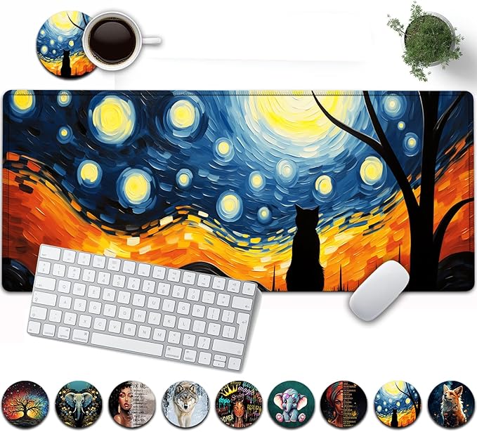 Large Mouse Pad, 31.5 x 11.8in Extended Gaming Mouse Pad with Stitched Edges, XXL Mousepad Protector Non Slip Rubber Base for Office and Home Writing Mat, Funy Starry Night Black Cat Pattern Desk Mat