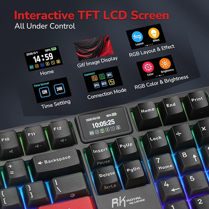 RK ROYAL KLUDGE S104 Wireless Mechanical Keyboard w/Screen & Knob, Full Size Gaming Keyboard with 8000mAh Battery, RGB Backlit Hot Swappable Pre-lubed Switches, Creamy Sounding Computer Keyboards