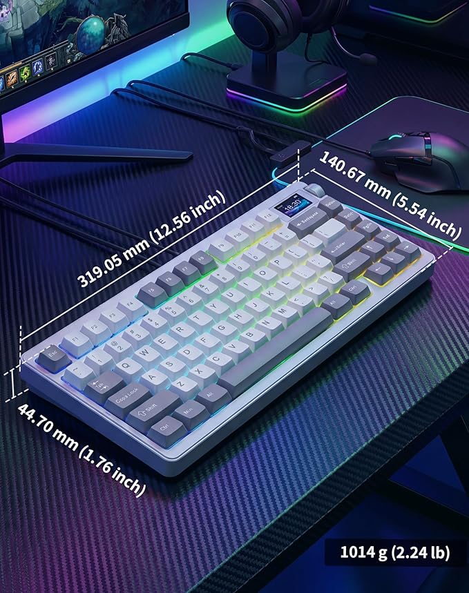 Aula NOVA75 Wireless Mechanical Keyboard,75% Gasket Mount Tri-Mode Custom Keyboard with 1.14" Smart TFT Screen & Knob,Carbon Fiber Style,8000mAh, Hot Swap Seiya Switch,White