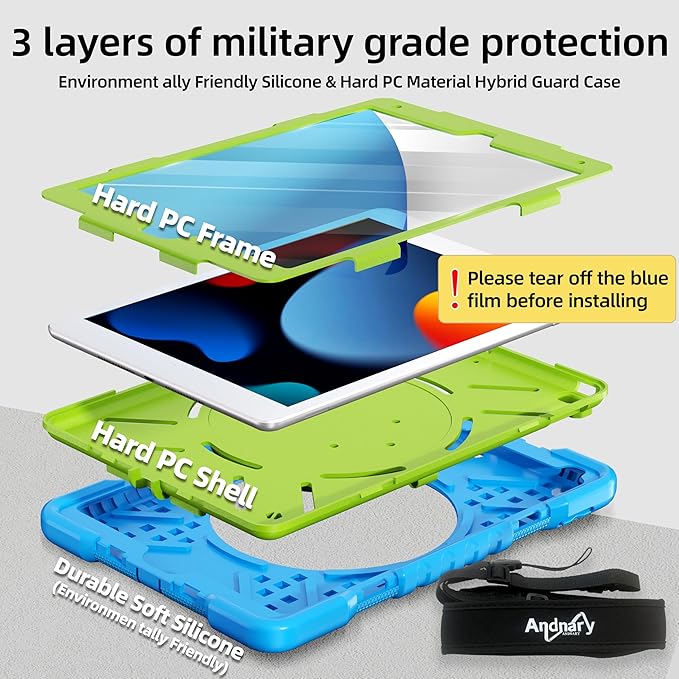 Andnary Case for iPad 9th/8th/7th Generation 10.2 inch, Shockproof Cover with Screen Protector/360° Rotating Handle/Bracket/Pen Holder/Shoulder Strap, Kids Case for iPad 2021/2020/2019 (Blue+Green)