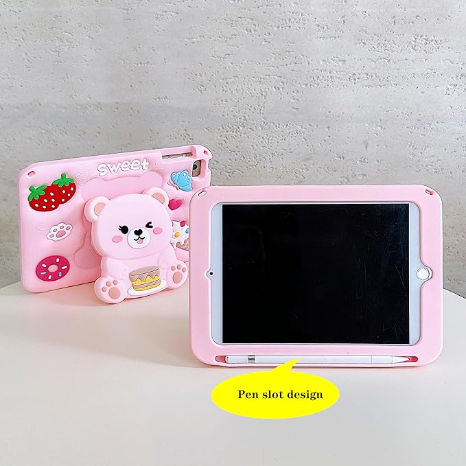 3D Cute Bear Case for iPad 9th/8th/7th 10.2 inch/Air 3 2019/Pro 10.5 inch,Kawaii Cartoon Pretty Sweet Bear Soft Silicone Foldable Stand Case with Lanyard for Kids Teens Girls Women
