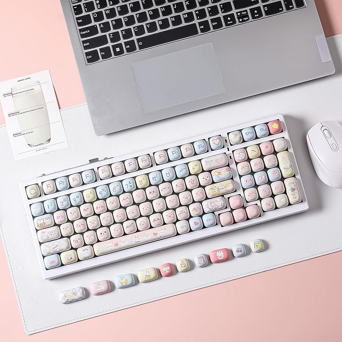 YUNZII Cute Pink Kitten Custom Keycaps, 141 Keys Dye Sub PBT MOG Profile Keycap Set for Mechanical Gaming Keyboards (Pink Kitten)