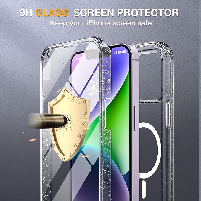 Miracase Glass Series Designed for iPhone 14 Plus Case 6.7 inch, 2023 Upgrade Full-Body Magnetic Clear Case with Built-in 9H Tempered Glass Screen Protector,Compatible with MagSafe,Clear Glitter