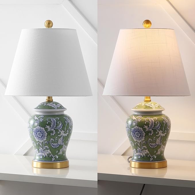 JONATHAN Y 22" Green/White Ceramic Table Lamp, French Country Chinoiserie Ginger Jar LED Bedside Lamp for Living Room Bedroom, White Linen Shade (JYL3005E)