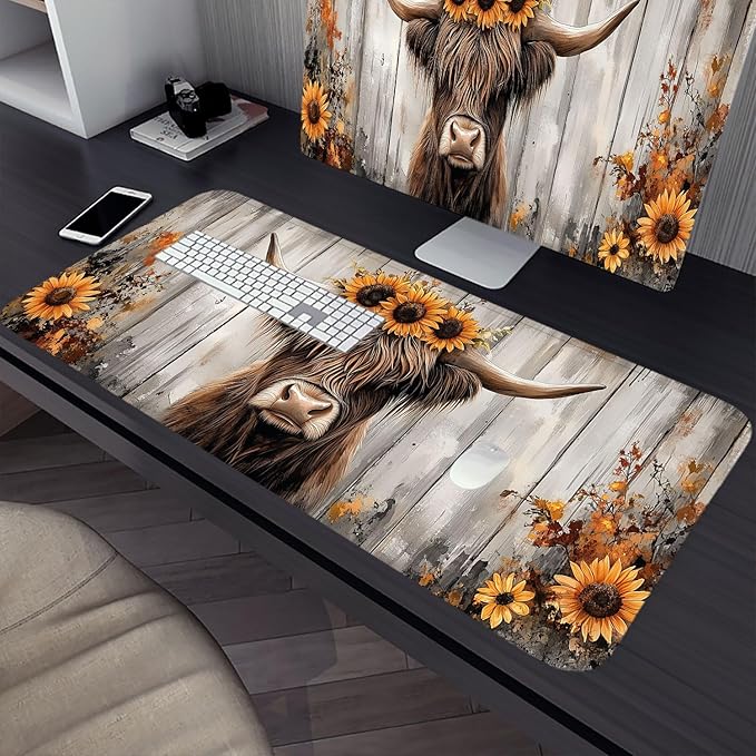 Cute Highland Cow Desk Pad Mouse Pad Watercolor Painting Sunflowers Wooden Large Gaming Mouse Mat with Stitched Edges,Non-Slip Waterproof Rubber Base Mous Mat Office Computer Keyboard Laptop Home