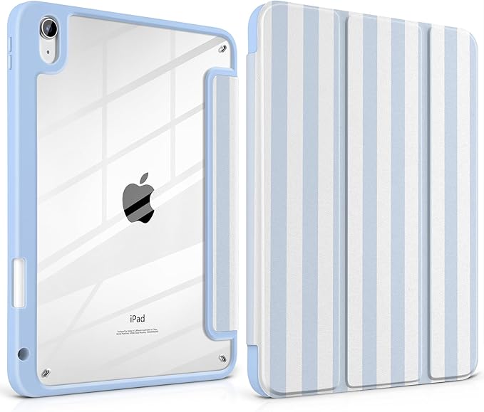 Case for iPad Air 13 inch M4 2026 M3 2025 M2 2024 with Pencil Holder - Cute Preppy Coastal Design Aesthetic Blue White Striped Trifold Cover with Soft TPU Bumper, Clear Back, Auto Sleep/Wake