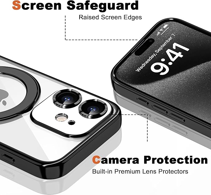 Compatible with iPhone 12 Case with Invisible Magnetic Ring Stand [Compatible with Mag-Safe] [Full Camera Lens Protector] Plating Clear Phone Case for iPhone 12 6.1", Black