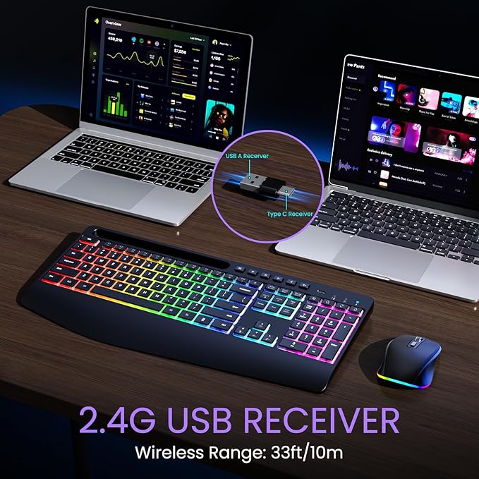 Wireless Keyboard and Mouse Combo- VEILZOR 2.4G Rechargeable Keyboard with Phone Holder, Ergonomic Wrist Rest, 9 RGB Backlit Effects, Silent Keyboard Mouse Set for Windows, Laptop, PC